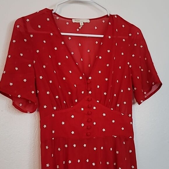 MAJE Raola Dress Red Floral Embroidered Midi - Picture 6 of 16